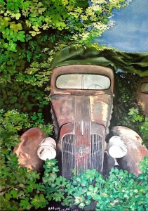 Old rusty car in the woods oil painting